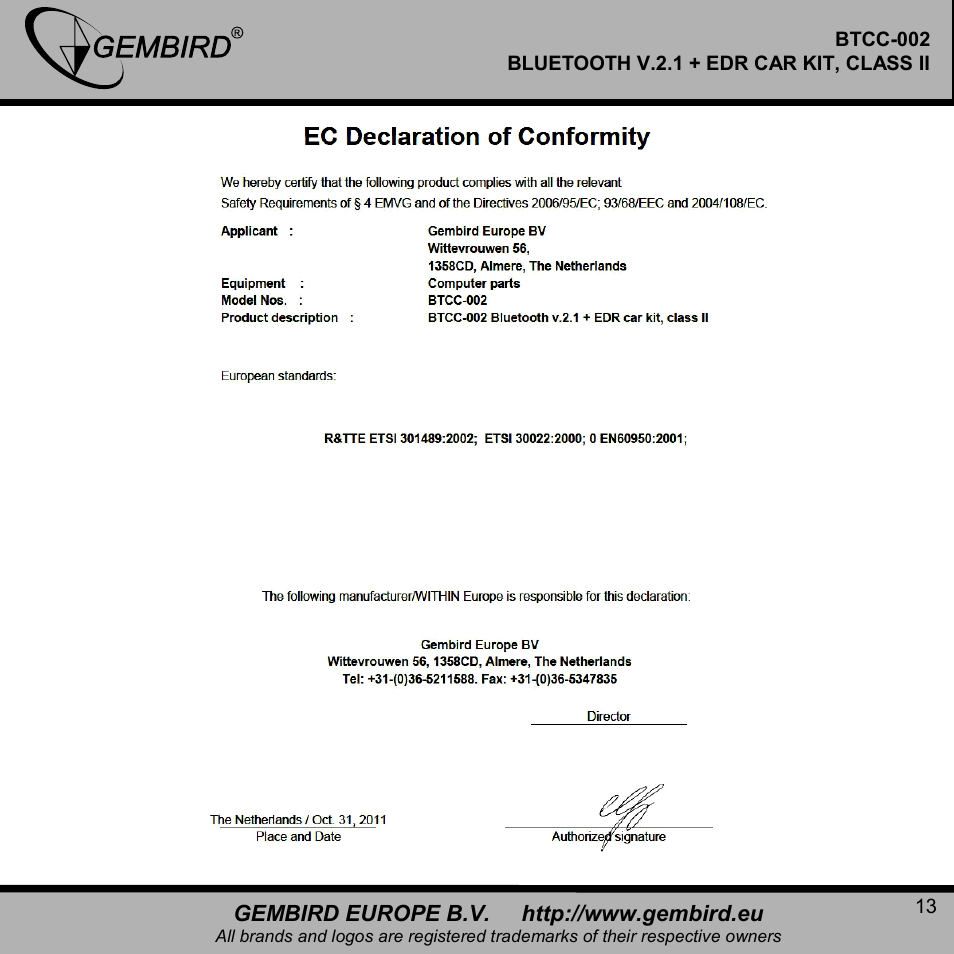 Gembird BTCC-002 User Manual | Page 13 / 17