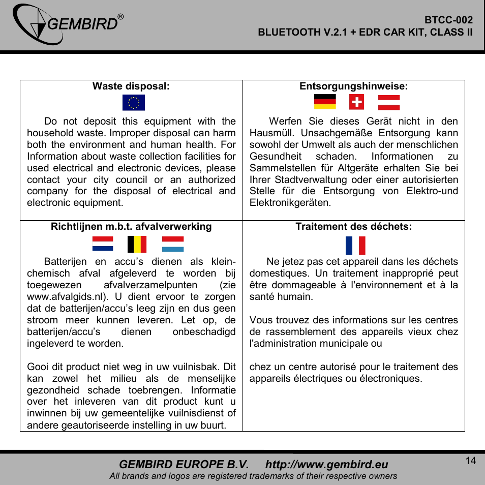 Gembird BTCC-002 User Manual | Page 14 / 17