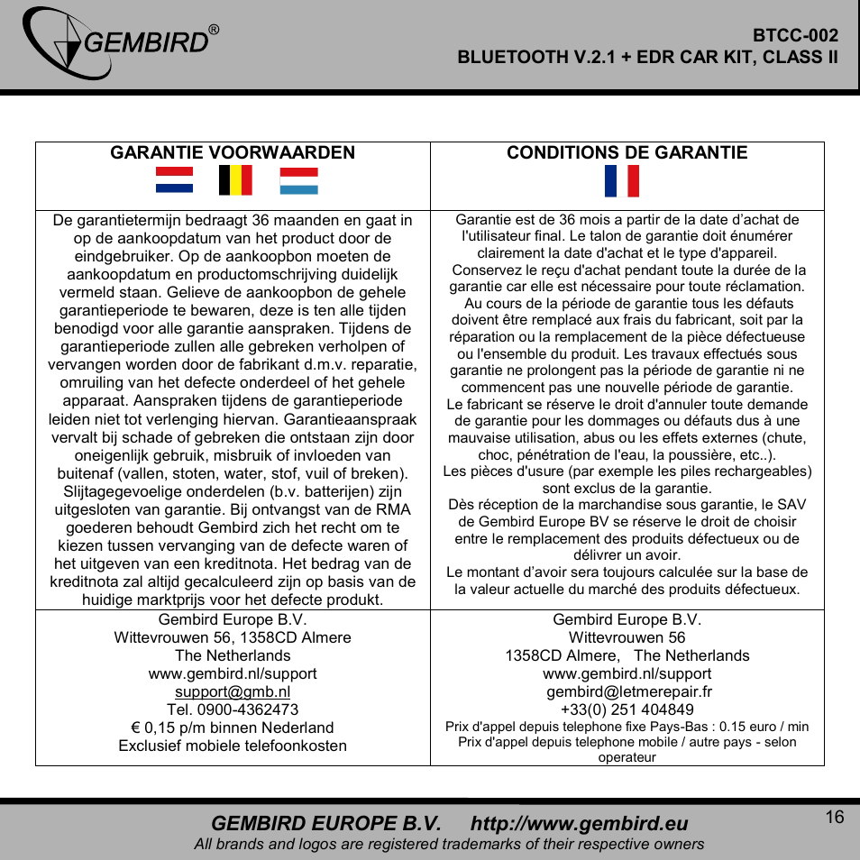 Gembird BTCC-002 User Manual | Page 16 / 17