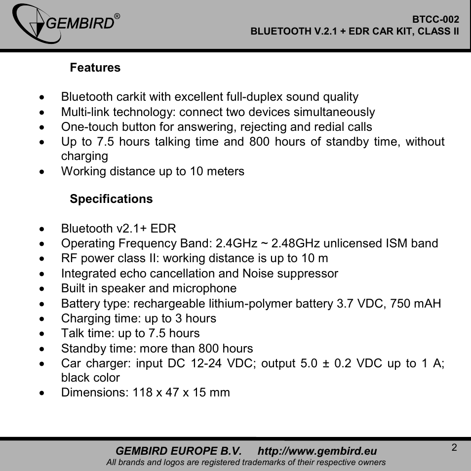 Gembird BTCC-002 User Manual | Page 2 / 17