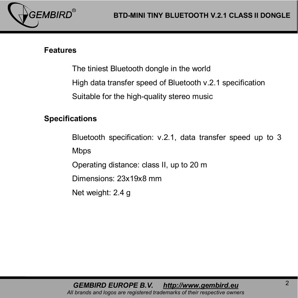 Gembird BTD-MINI User Manual | Page 2 / 10