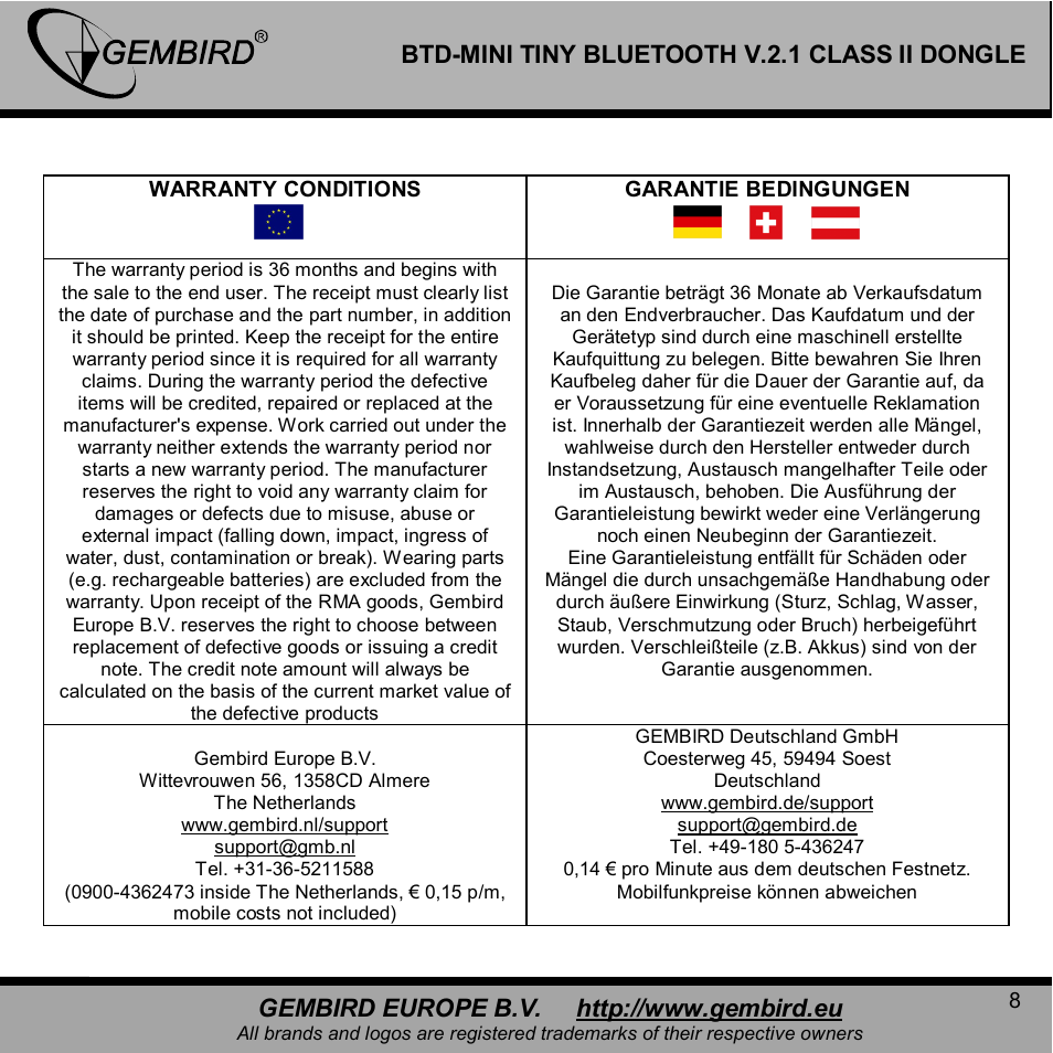 Btd-mini tiny bluetooth v.2.1 class ii dongle | Gembird BTD-MINI User Manual | Page 8 / 10