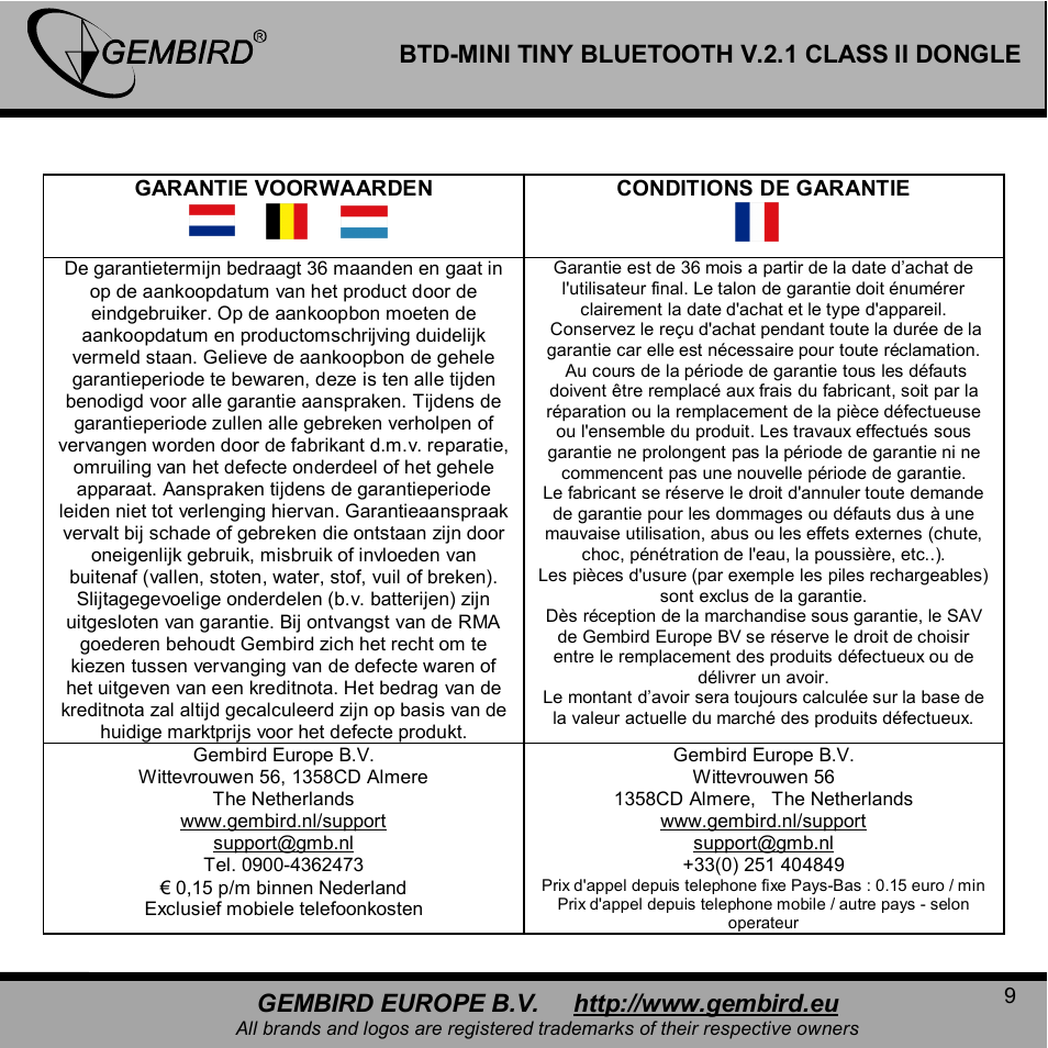 Btd-mini tiny bluetooth v.2.1 class ii dongle | Gembird BTD-MINI User Manual | Page 9 / 10