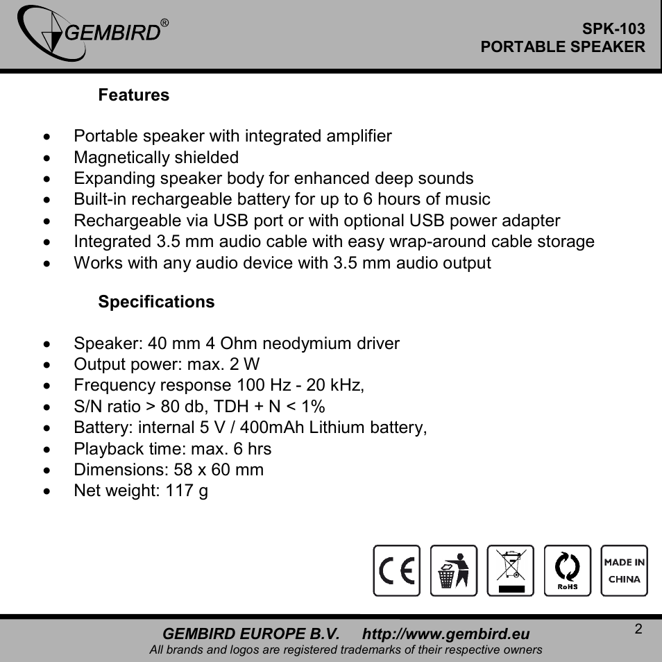 Gembird SPK-103 User Manual | Page 2 / 9