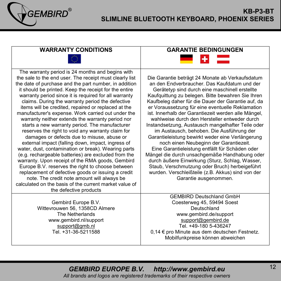 Gembird KB-P3-BT User Manual | Page 12 / 14