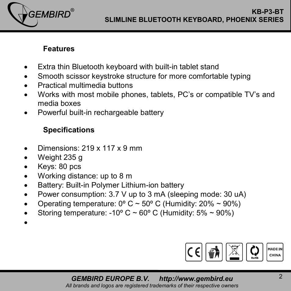Gembird KB-P3-BT User Manual | Page 2 / 14