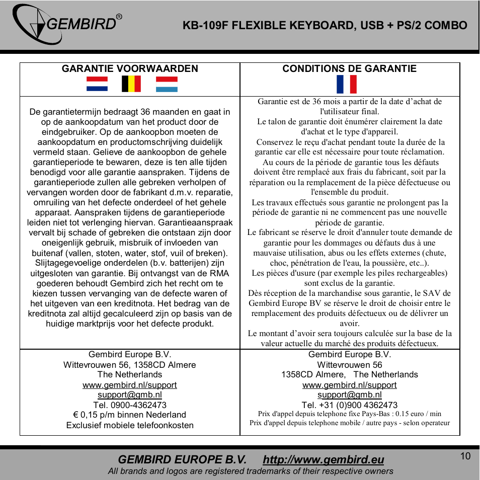 Kb-109f flexible keyboard, usb + ps/2 combo | Gembird KB-109F User Manual | Page 10 / 11