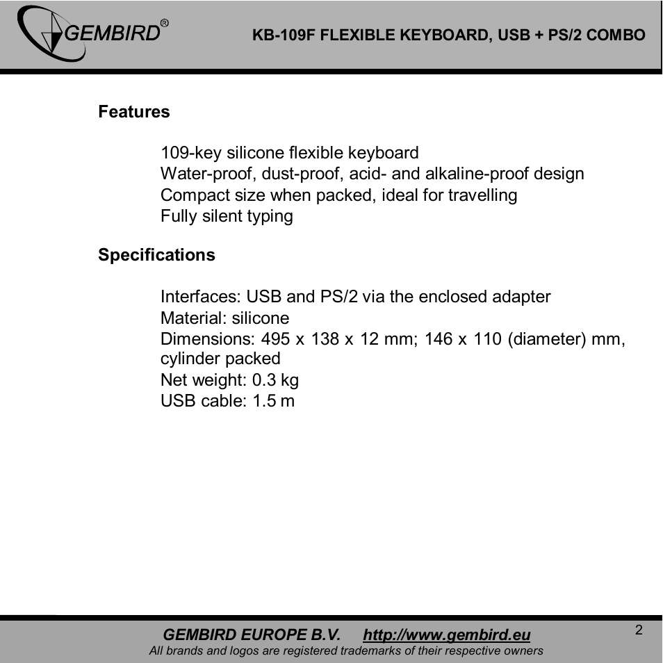 Gembird KB-109F User Manual | Page 2 / 11
