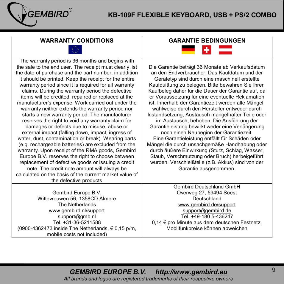 Kb-109f flexible keyboard, usb + ps/2 combo | Gembird KB-109F User Manual | Page 9 / 11