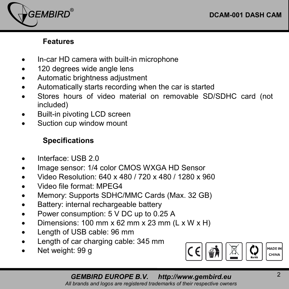 Gembird DCAM-001 User Manual | Page 2 / 11