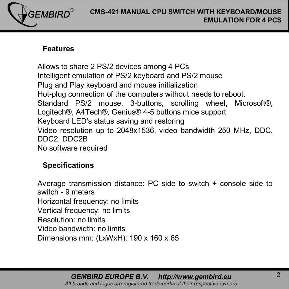 Gembird CMS-421 User Manual | Page 2 / 8