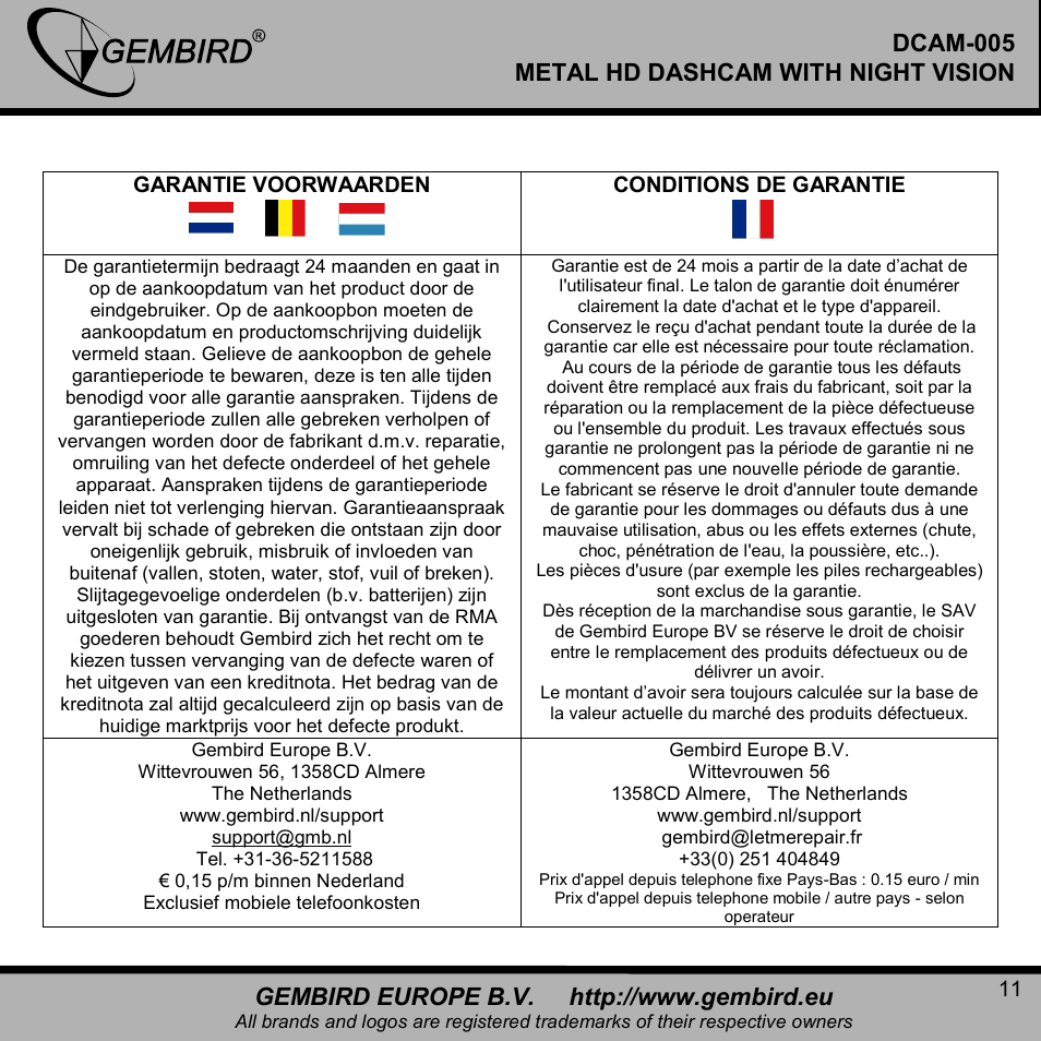 Dcam-005 metal hd dashcam with night vision | Gembird DCAM-005 User Manual | Page 11 / 12