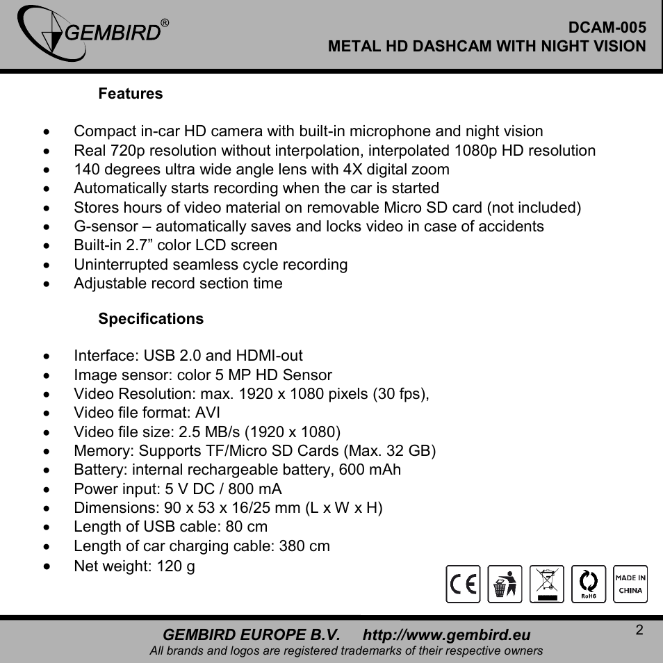 Gembird DCAM-005 User Manual | Page 2 / 12