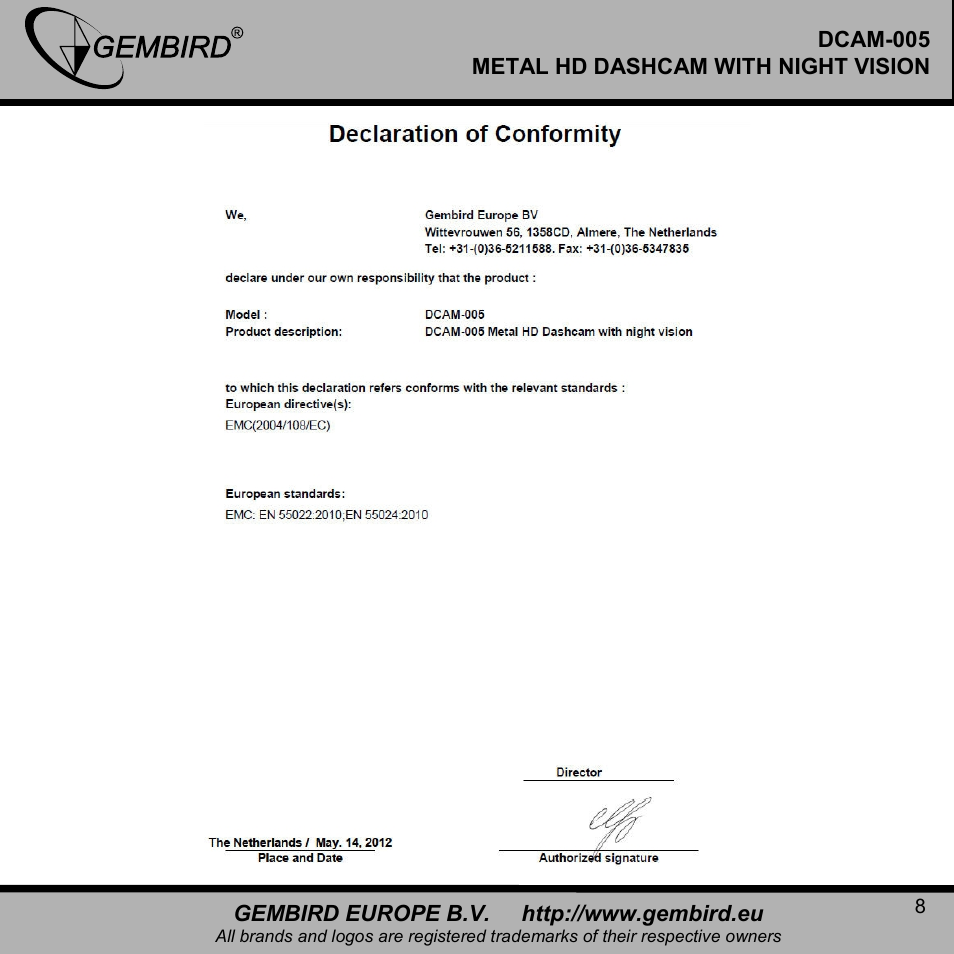 Gembird DCAM-005 User Manual | Page 8 / 12