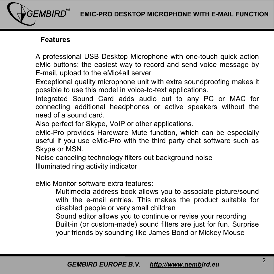 Gembird EMIC-PRO User Manual | Page 2 / 15