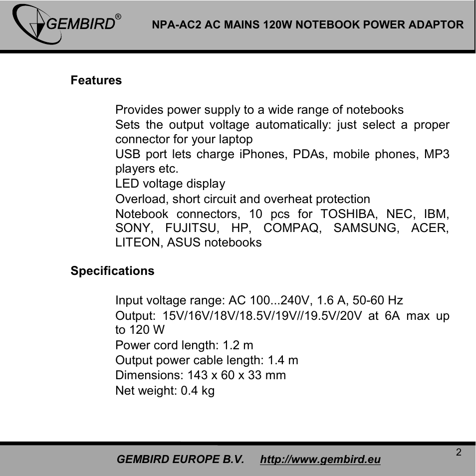 Gembird EPA-AC2 User Manual | Page 2 / 9