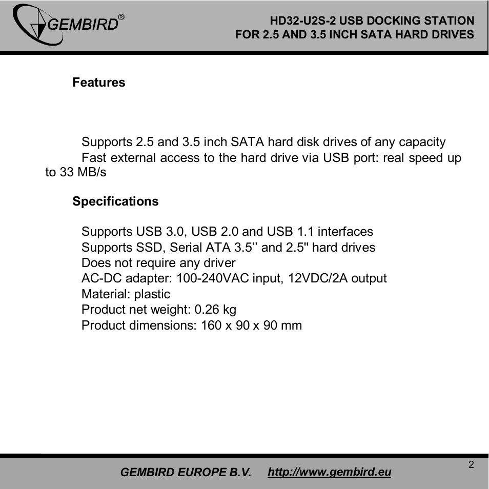 Gembird HD32-U2S-2 User Manual | Page 2 / 12