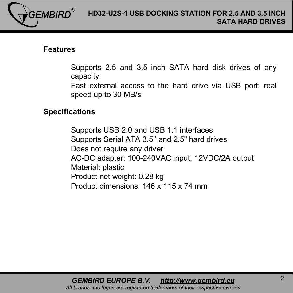 Gembird HD32-U2S-1 User Manual | Page 2 / 12