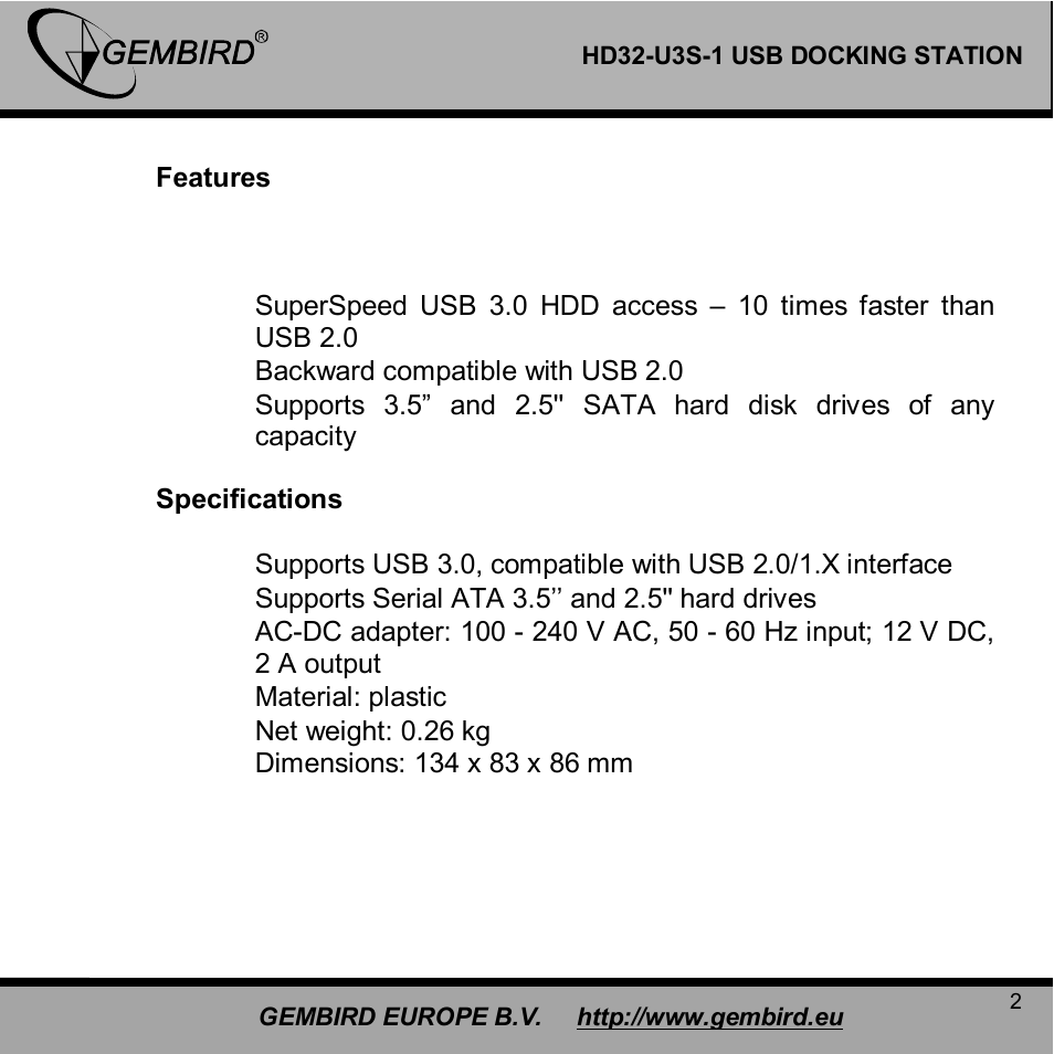 Gembird HD32-U3S-1 User Manual | Page 2 / 11