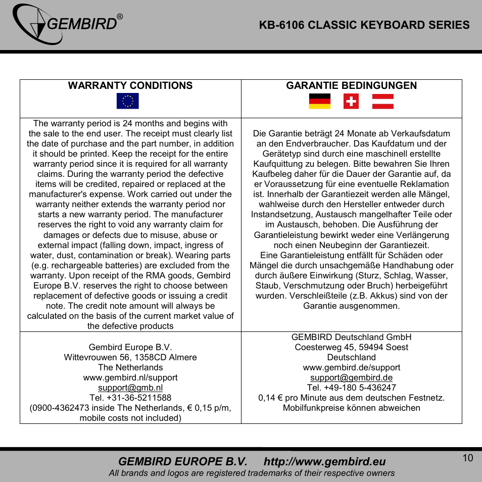 Kb-6106 classic keyboard series | Gembird KB-6106U-B-DE User Manual | Page 10 / 12