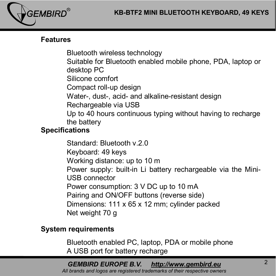 Gembird KB-BTF2 User Manual | Page 2 / 11