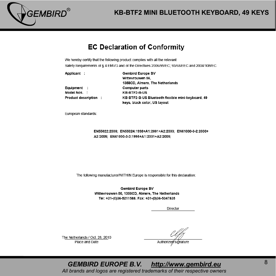 Gembird KB-BTF2 User Manual | Page 8 / 11