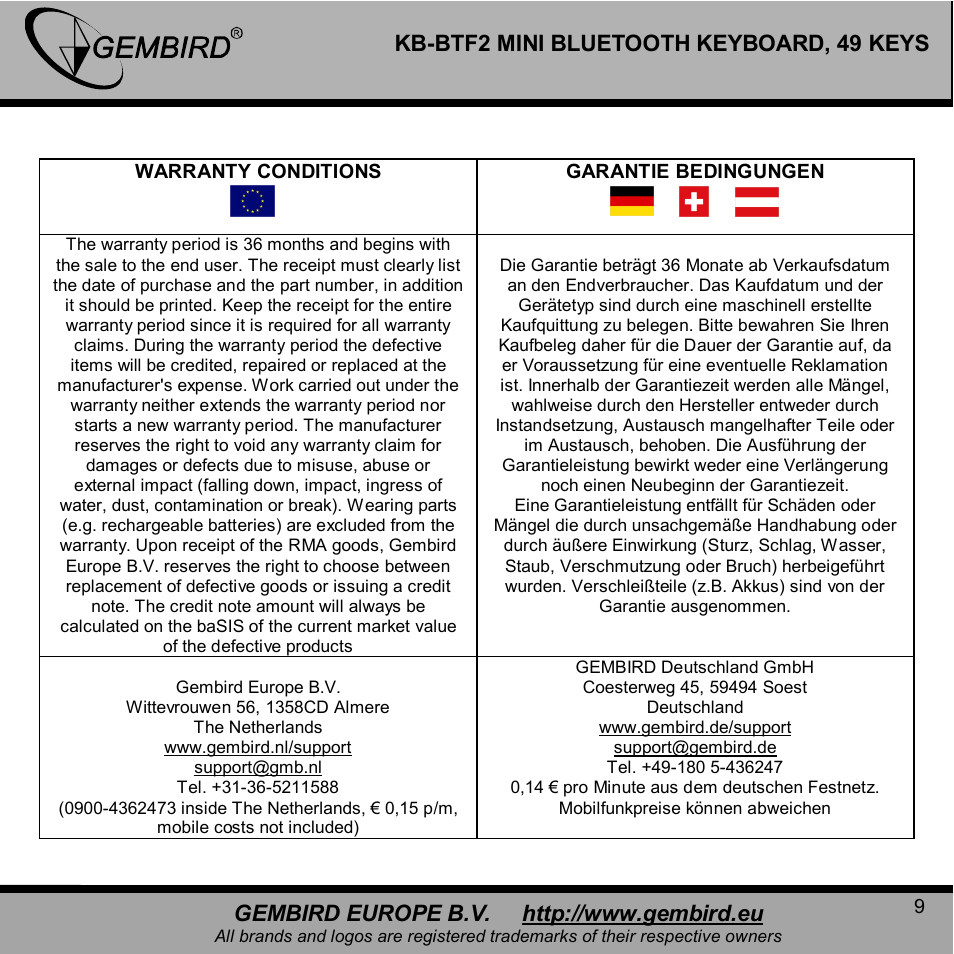Gembird KB-BTF2 User Manual | Page 9 / 11