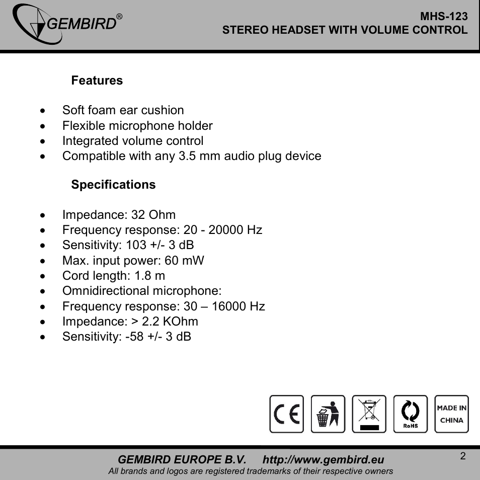 Gembird MHS-123 User Manual | Page 2 / 8