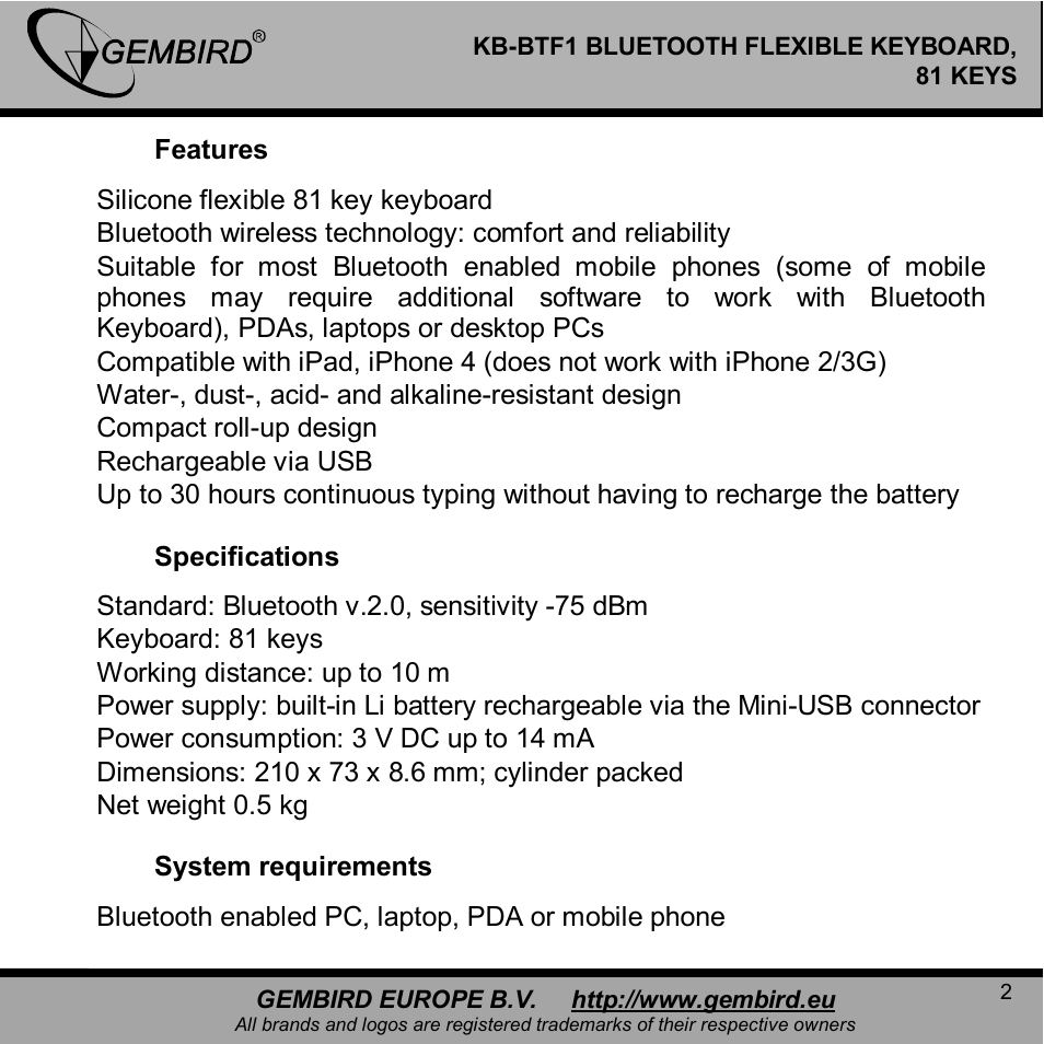 Gembird KB-BTF1 User Manual | Page 2 / 11
