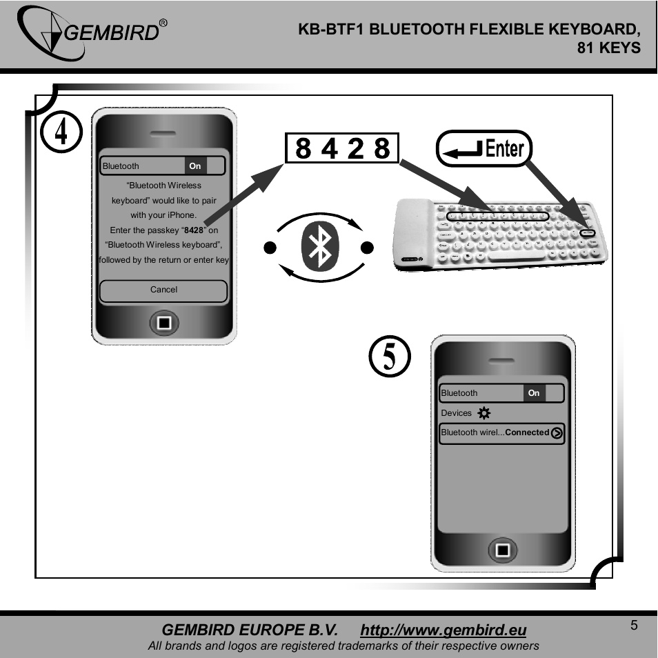 Kb-btf1 bluetooth flexible keyboard, 81 keys | Gembird KB-BTF1 User Manual | Page 5 / 11