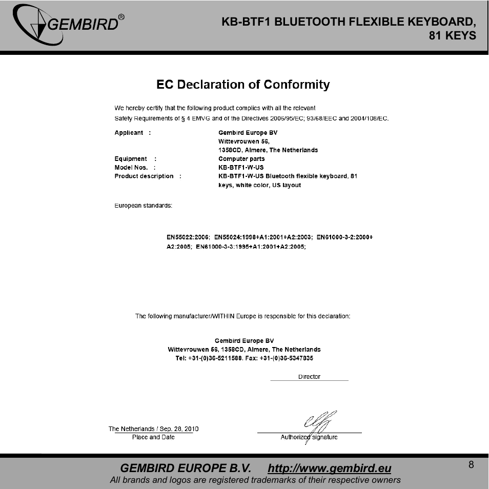 Gembird KB-BTF1 User Manual | Page 8 / 11