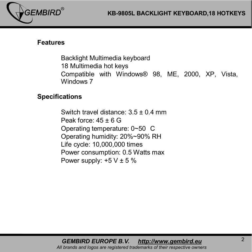 Gembird KB-9805LU-R User Manual | Page 2 / 14