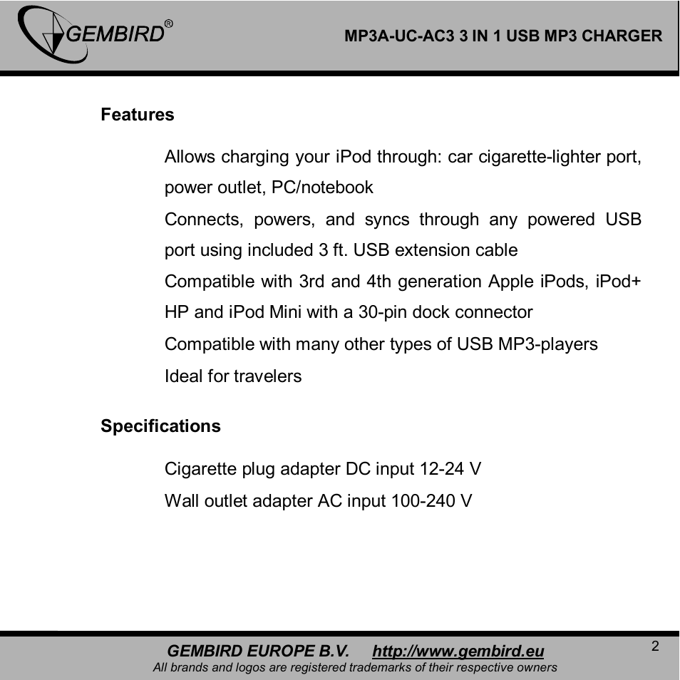 Gembird MP3A-UC-AC3 User Manual | Page 2 / 10