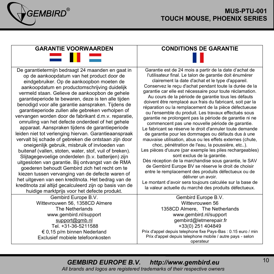 Mus-ptu-001 touch mouse, phoenix series | Gembird MUS-PTU-001 User Manual | Page 10 / 12