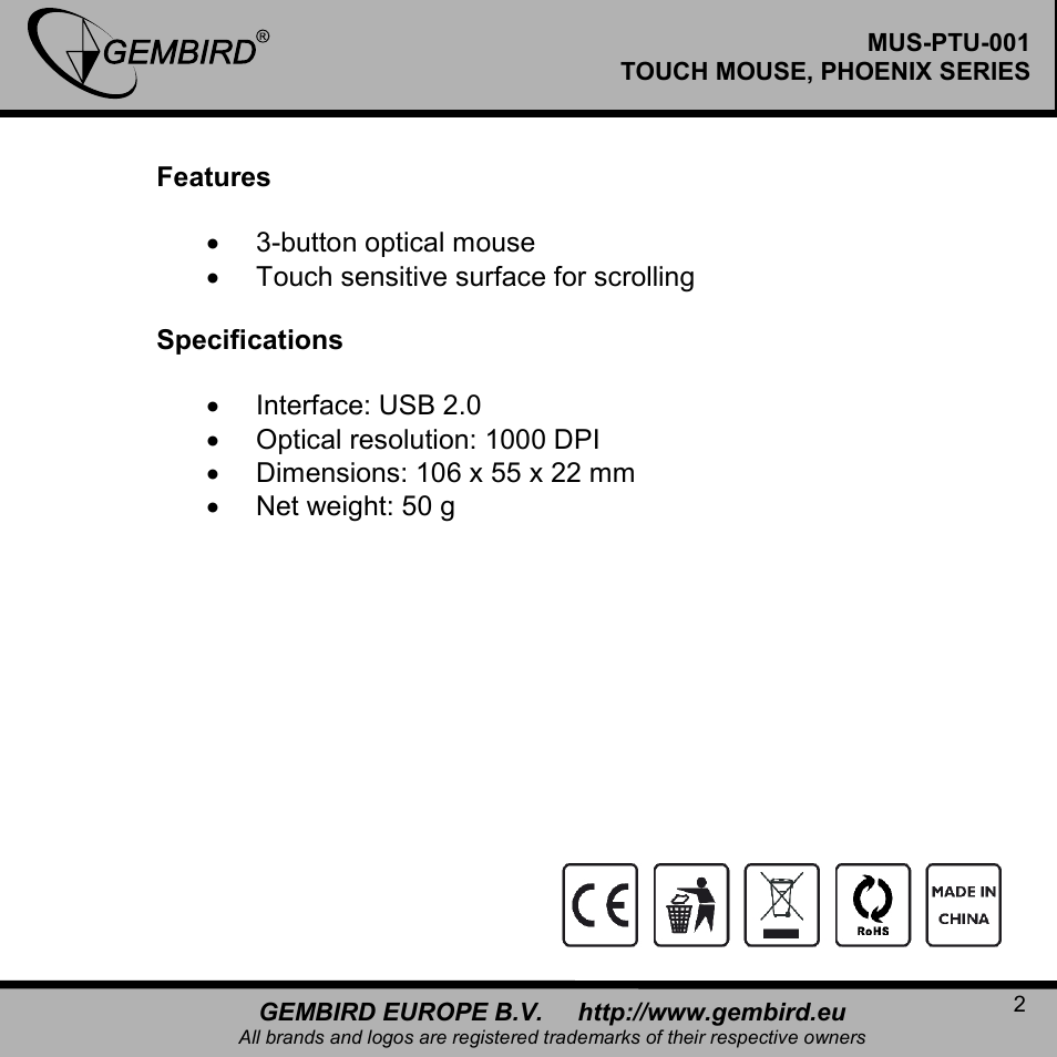 Gembird MUS-PTU-001 User Manual | Page 2 / 12