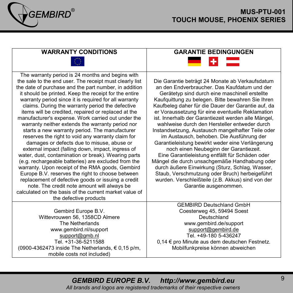 Mus-ptu-001 touch mouse, phoenix series | Gembird MUS-PTU-001 User Manual | Page 9 / 12