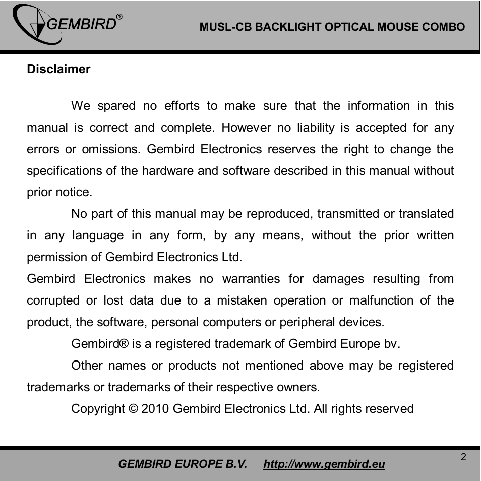 Gembird MUSL-CB User Manual | Page 2 / 12