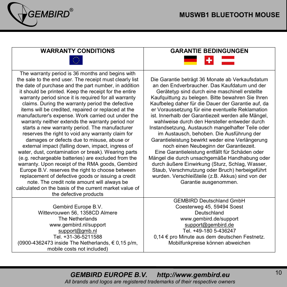 Muswb1 bluetooth mouse | Gembird MUSWB2 User Manual | Page 10 / 12