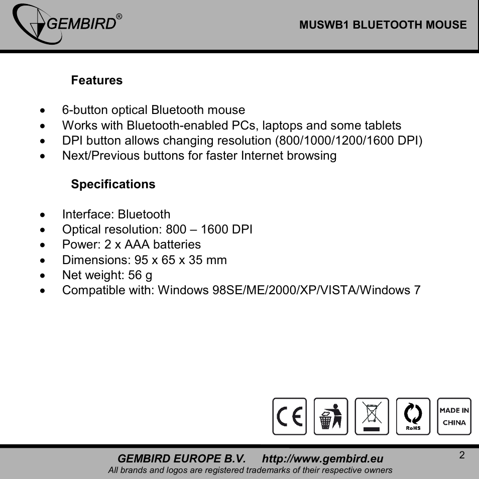 Gembird MUSWB2 User Manual | Page 2 / 12