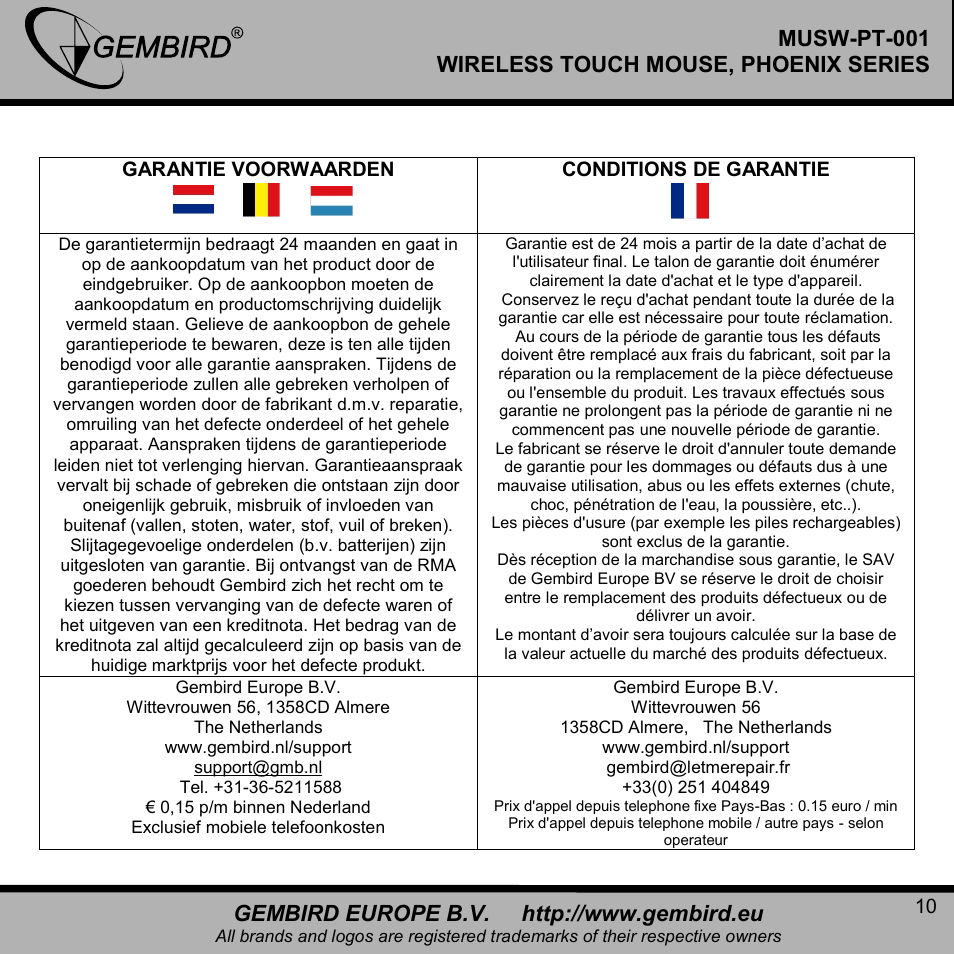 Musw-pt-001 wireless touch mouse, phoenix series | Gembird MUSW-PT-001 User Manual | Page 10 / 12