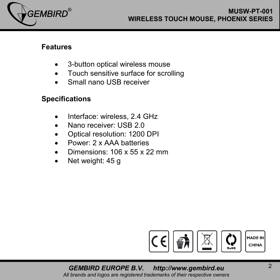 Gembird MUSW-PT-001 User Manual | Page 2 / 12