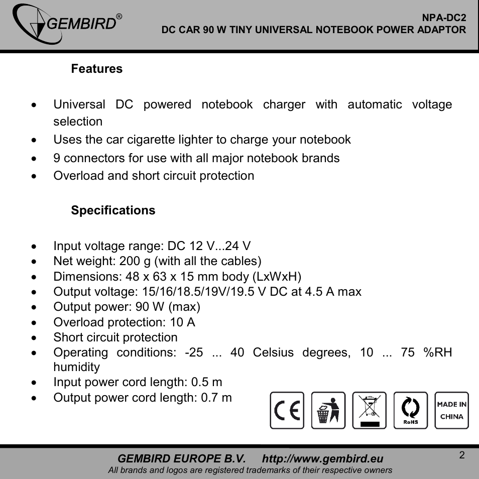Gembird NPA-DC2 User Manual | Page 2 / 11