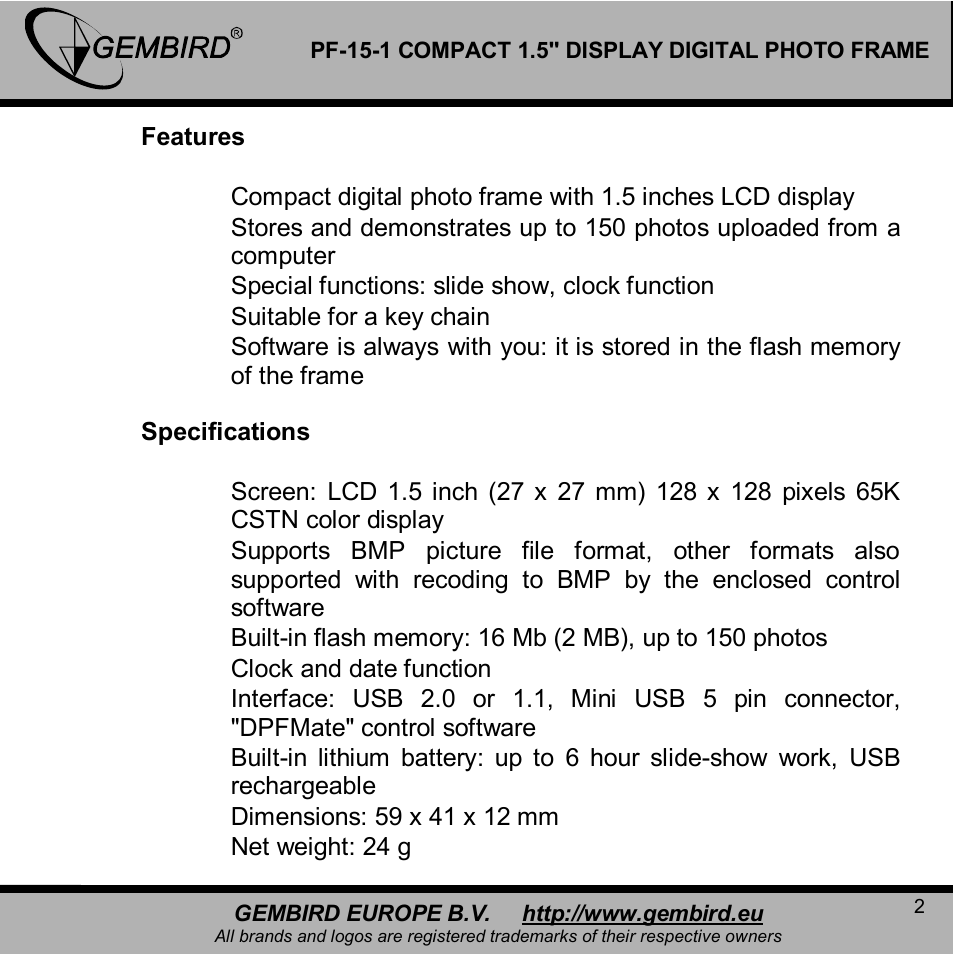 Gembird PF-15-1 User Manual | Page 2 / 11