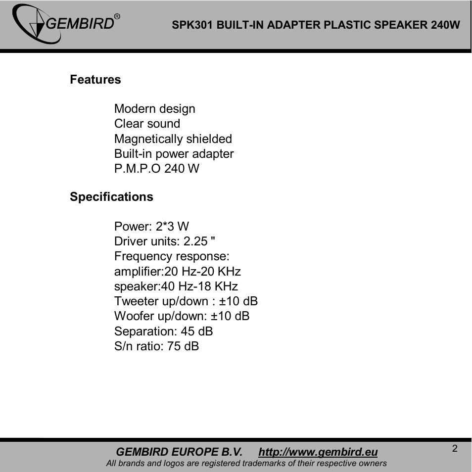 Gembird SPK301 User Manual | Page 2 / 10