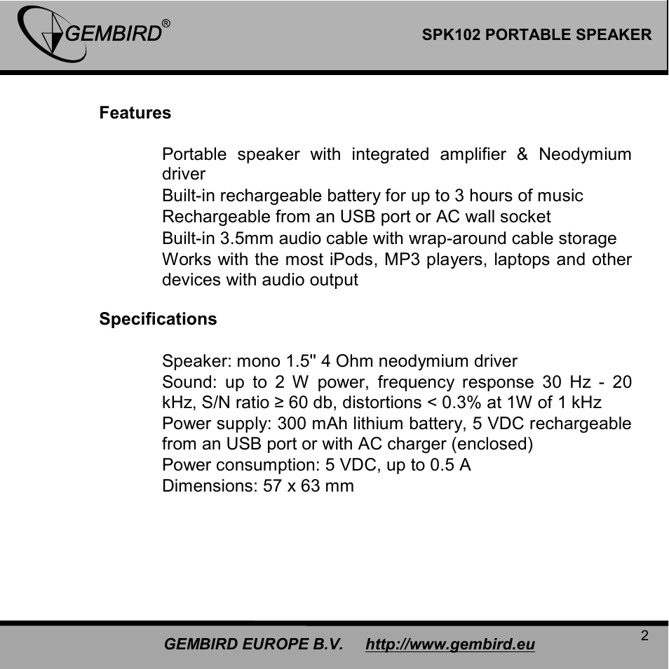 Gembird SPK102 User Manual | Page 2 / 9