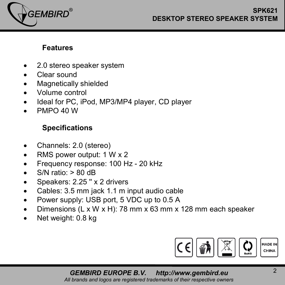 Gembird SPK621 User Manual | Page 2 / 9