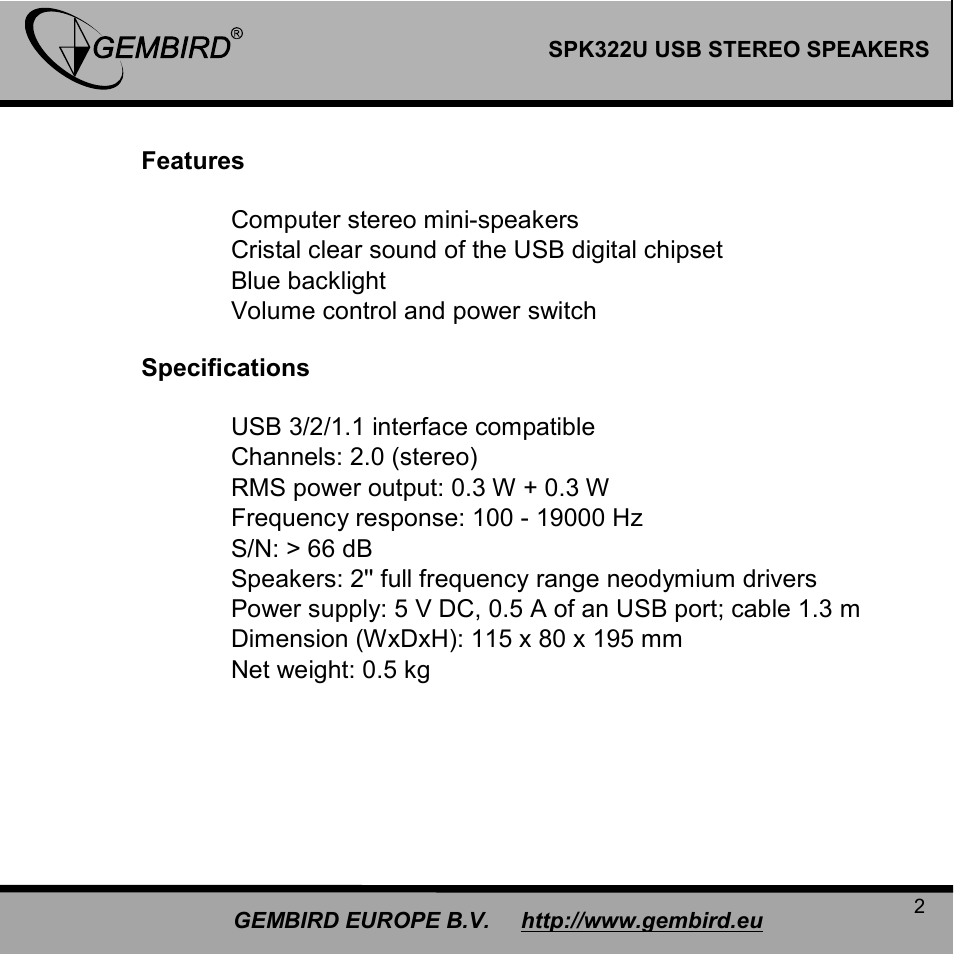 Gembird SPK322U User Manual | Page 2 / 8
