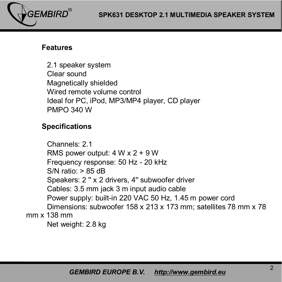 Gembird SPK631 User Manual | Page 2 / 10