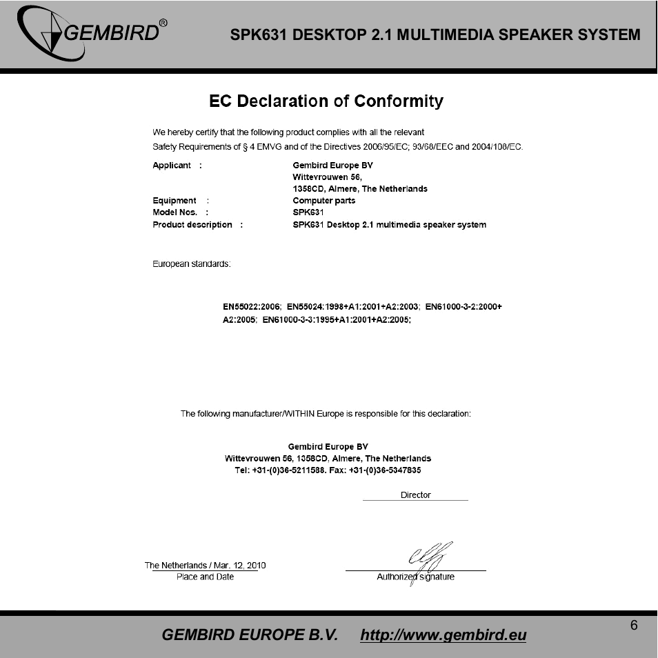 Gembird SPK631 User Manual | Page 6 / 10