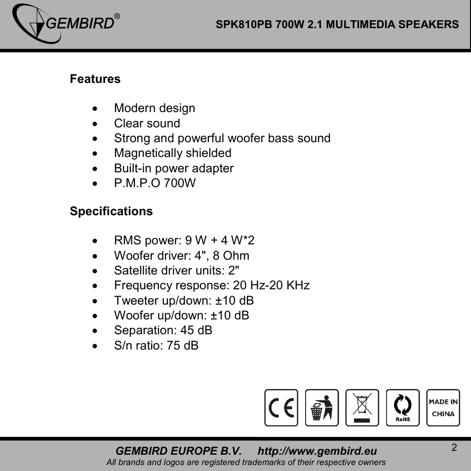 Gembird SPK810PB User Manual | Page 2 / 9